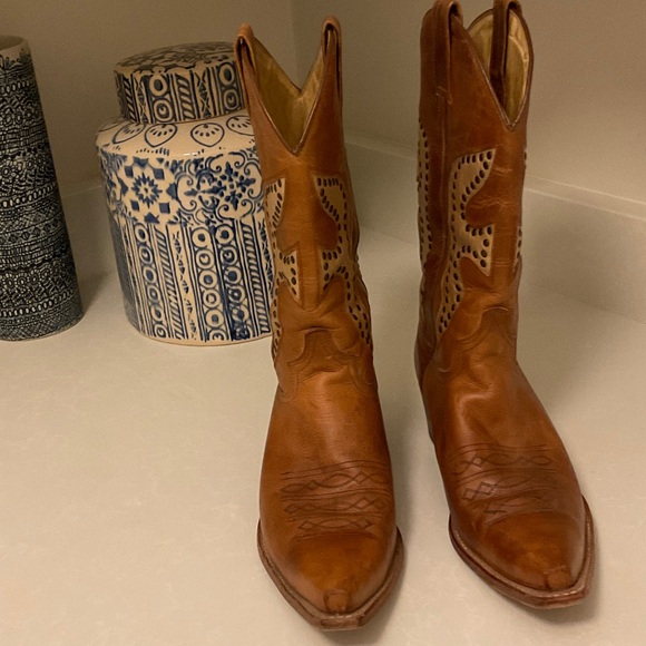 Frye Tan Leather Studded Cowboy Boots - Picture 2 of 7